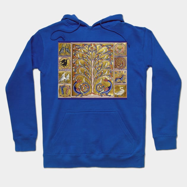 MEDIEVAL BESTIARY,TREE OF LIFE ,BIRDS,DRAGONS FANTASTIC ANIMALS IN GOLD RED BLUE COLORS Hoodie by BulganLumini